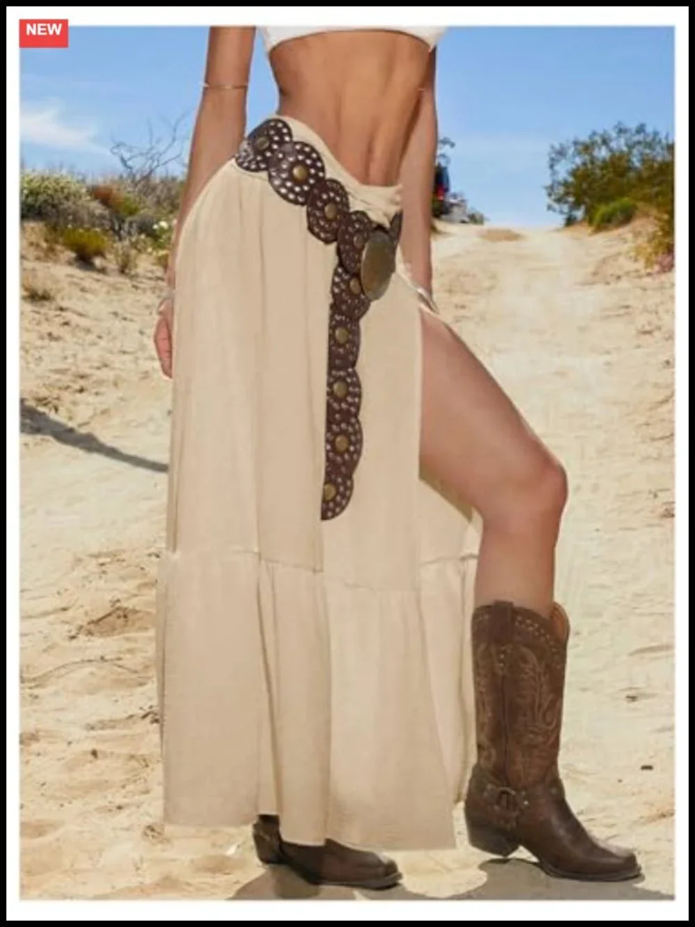 Women's Boho Western Low Rise Maxi Skirt with Ruffle High Slit - Flowy Cowgirl